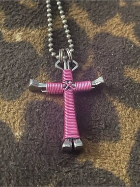 Hot Pink Wire-Wrapped Cross Pendant Necklace with beaded chain 23.5”